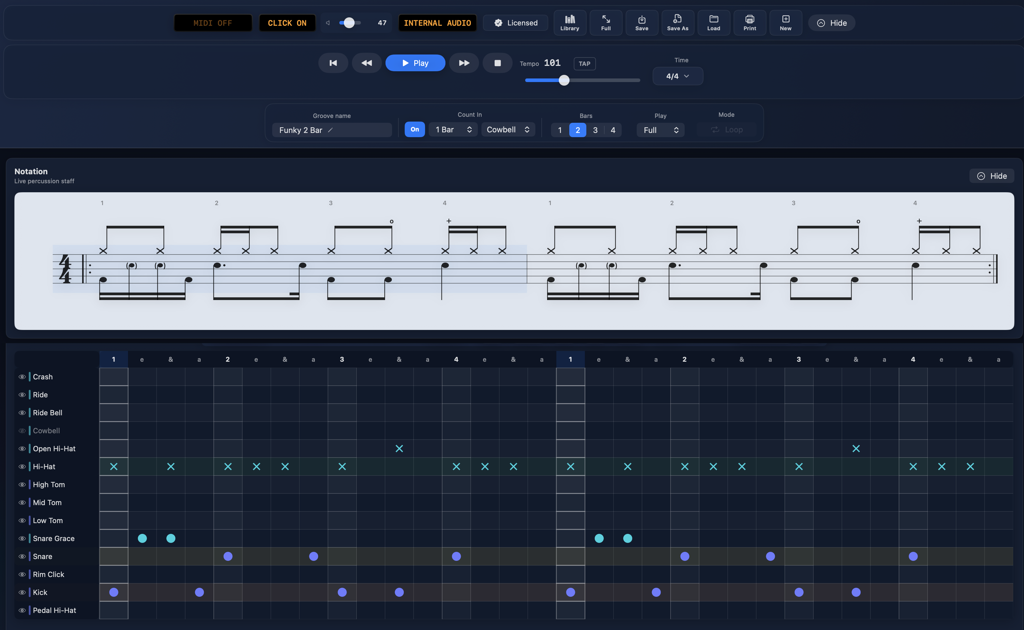 BeatBake editor showing a two-bar funk groove as live percussion notation above the step grid